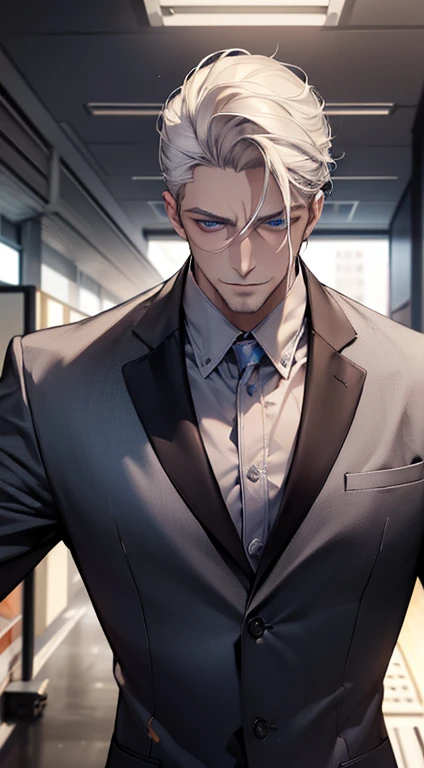 (best quality, masterpiece, 8K, photorealistic, cinematic lighting, hdr image, ultra detailed, beautiful image), 1 man, 31 years old, mature man, very handsome, (without expression, serious), short white hair, blue eyes ( penetrating gaze), perfect face without errors, imposing posture, without errors, businessman, office background