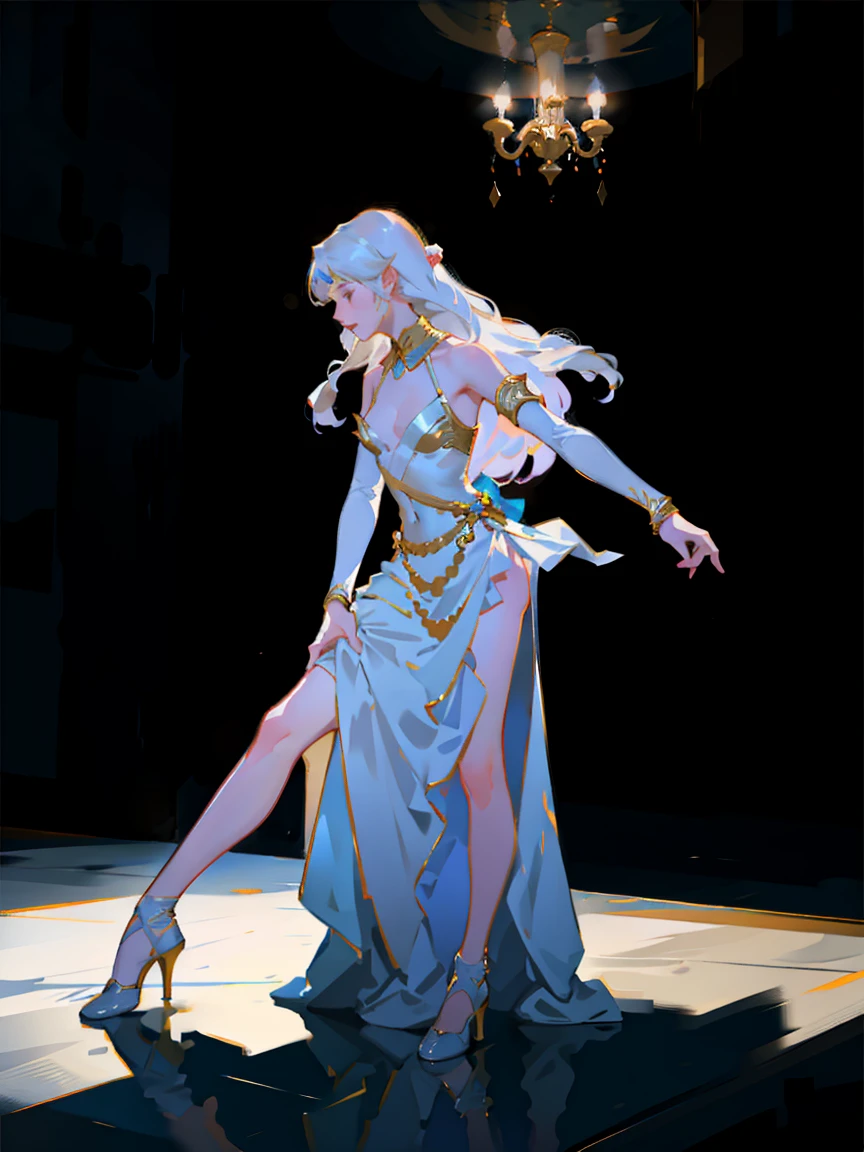 Standing with full body leaning，(Drawing of dancing girl), (Jürgens simple white dress (Mandy Jurgens) Realistic paintings created, , Figurative Art, A detailed description, Realistically, A work of art，