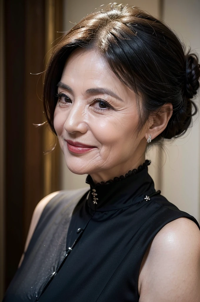 (masterpiece:1.4),(65-year-old woman:1.5),(facial wrinkles 1.2),A kind smile, (Updo : 1.1), (wearing black mourning clothes), Motherhood Mature Woman