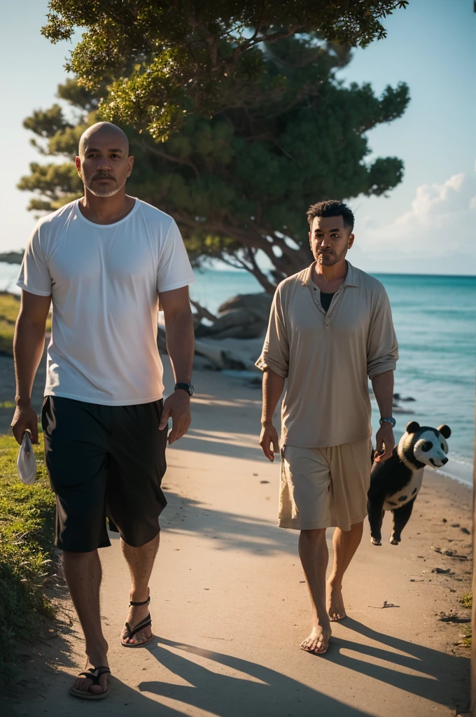 Cinematic photo, adult man, 2000s look, shaved hair, walking around an island with his pet panda. High quality. Professional photography. High sharpness. Golden hour. Dramatic.