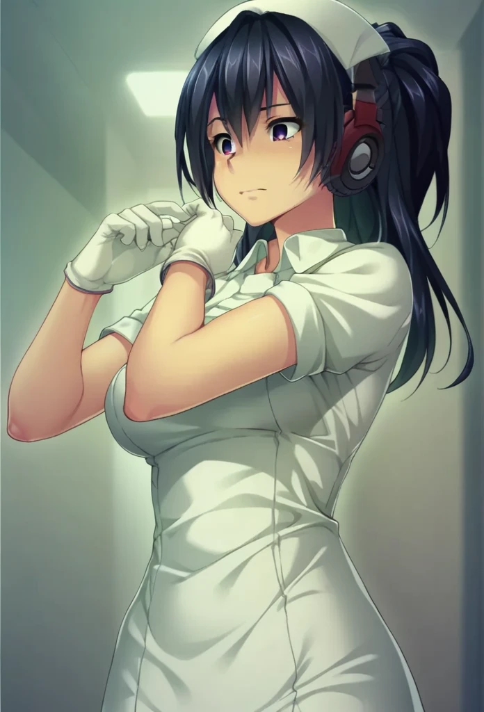 hiramatsu sb, black hair, long hair, half updo, black eyes, headphones, nurse, nurse cap, short sleeves, white latex gloves, hospital private room