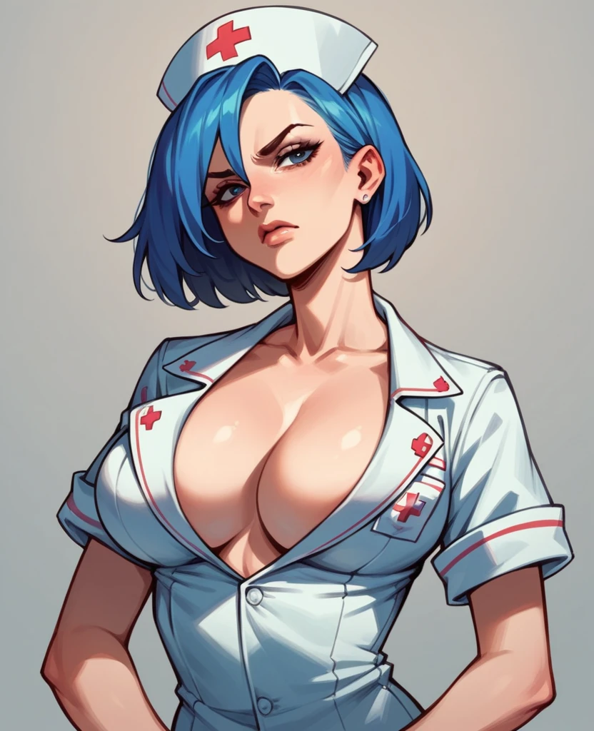 Busty nurse with short blue hair with her breasts out looking serious