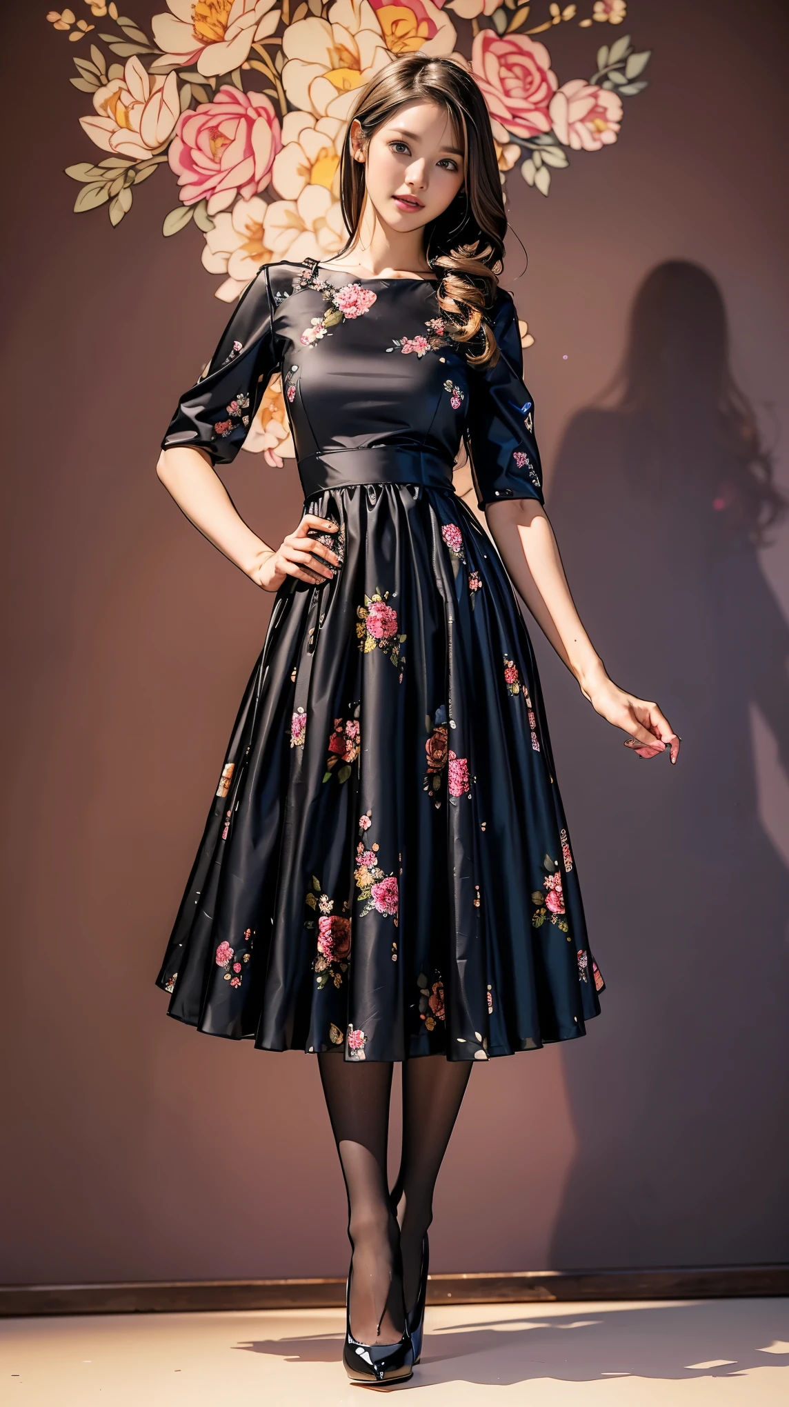 ((masterpiece)),(((Highest quality))),Thin thighs,Long legs,whole body:1.5，(One Girl:1.3),(Black pantyhose and thick pointy heels：1.3),(Wearing a floral long skirt dress:1.2),Short Blonde:1.2、Model pose，