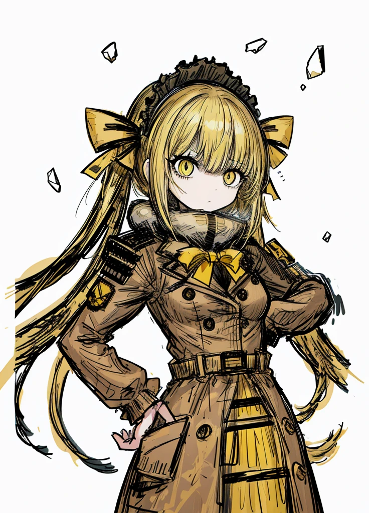 1girl, yellow eyes, yellow hair, bangs,short hair, long pigtails,hair between eyes , diana,pretty dress,
(high resolution, high detail, best quality), annoying, believed, military,flat breasts