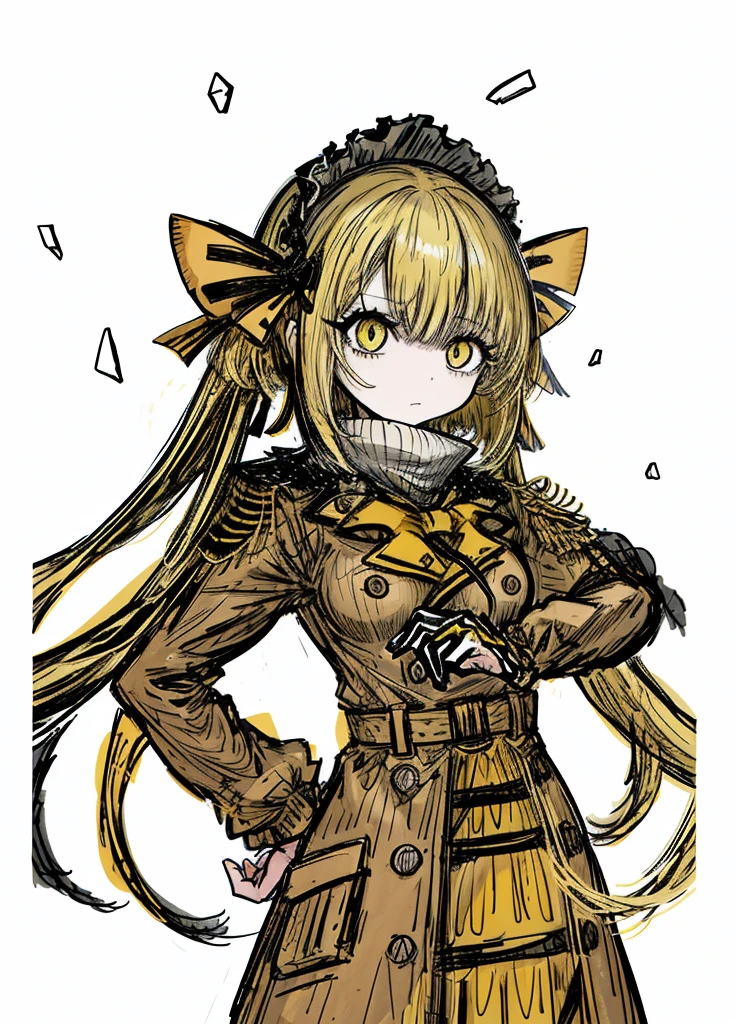 1girl, yellow eyes, yellow hair, bangs,short hair, long pigtails,hair between eyes , diana,pretty dress,
(high resolution, high detail, best quality), annoying, believed, military,flat breasts