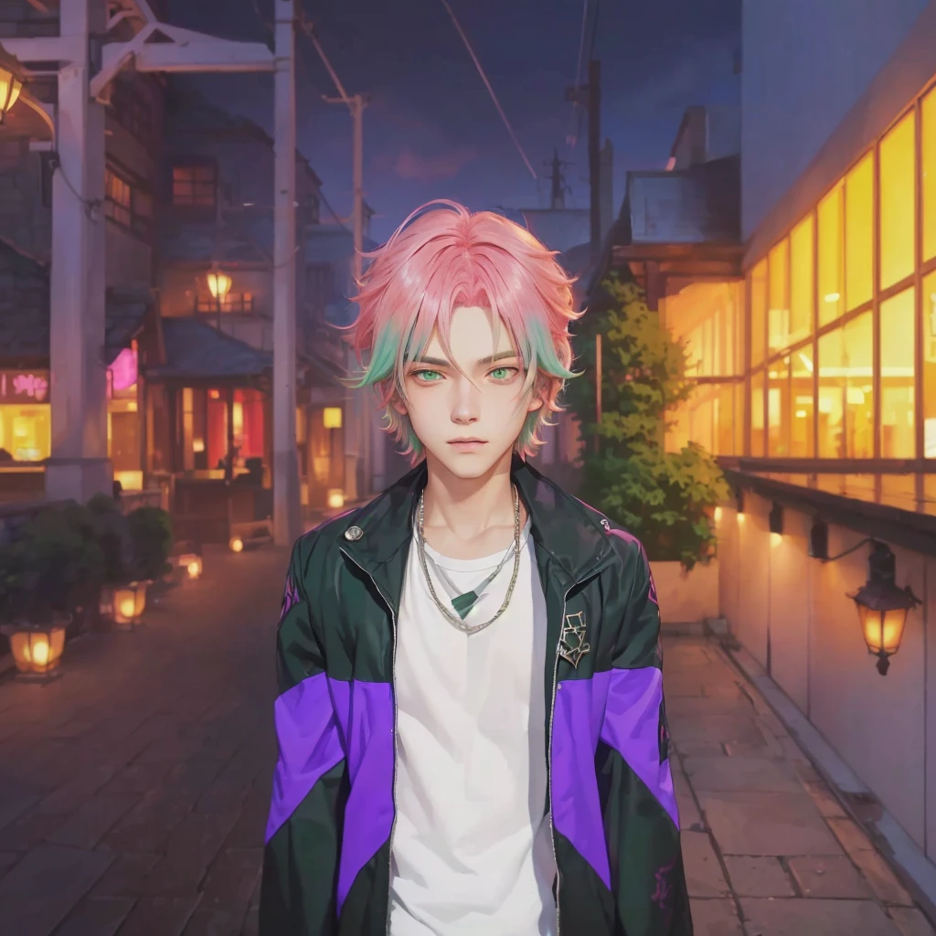 - style image of a boy with pink hair and green eyes, style. 8k, handsome guy in demon slayer art, moe artstyle, trigger artstyle, made with painter studio, lofi artstyle,