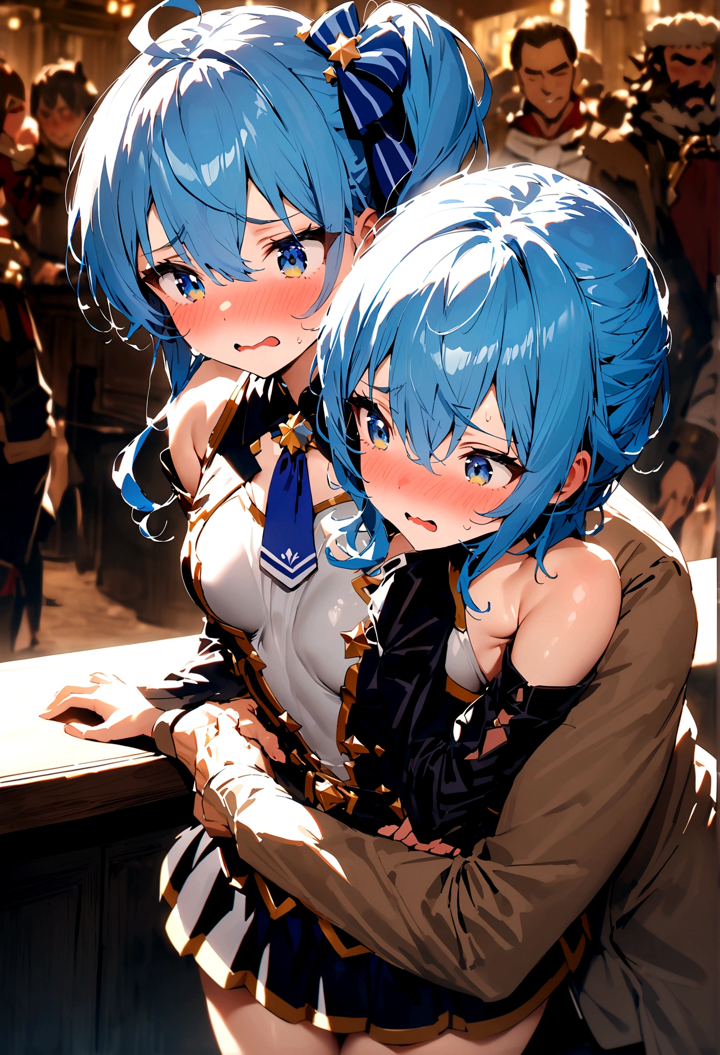 NSFW,masterpiece,Highest quality,High resolution,Super detailed,Star Town Suisei\(Hololive\),Blue Hair,One Side Ponytail,Blue Eyes,Small breasts,White leotard,High leg,Removable sleeves,Micro Mini Skirt,Adventurer's Guild,Reception counter,Embarrassed,blush,Expecting face,is nervous,(Molester),(Strong-faced men),A man puts his hands on her waist and hugs her