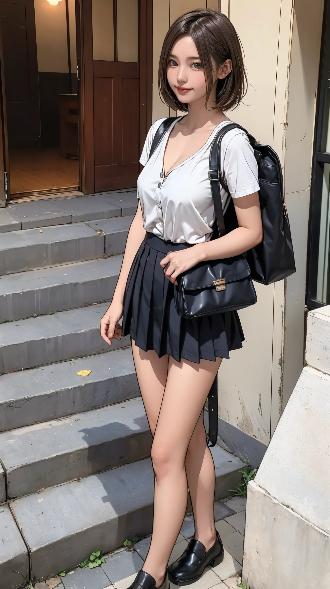 ((masterpiece)),(((Highest quality))),Thin thighs,Long legs,An 18-year-old woman standing on the steps of her school,Japan uniform:1.5,A white shirt with the buttons open, revealing a white bra and accentuating her cleavage.:1.5,The best smile,Short blonde hair:1.5,short side wave,Carrying a black backpack,Wear black loafers,