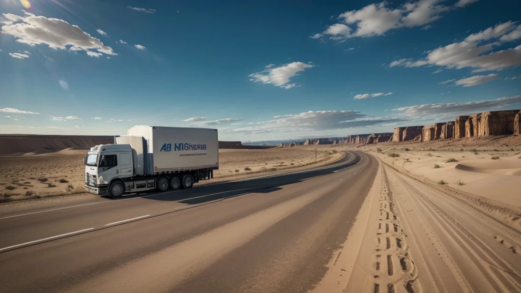 a highly detailed photorealistic image of a lorry on a road near the desert, lateral of the lorry (best quality,4k,8k,highres,masterpiece:1.2),ultra-detailed,(realistic,photorealistic,photo-realistic:1.37),rugged truck, dusty road, vast desert landscape, dramatic lighting, warm color tones, rolling hills, shimmering horizon, sand dunes, clear blue sky, wispy clouds 