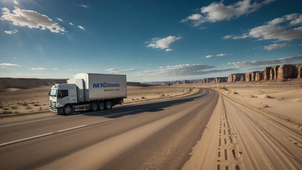 a highly detailed photorealistic image of a lorry on a road near the desert, lateral of the lorry (best quality,4k,8k,highres,masterpiece:1.2),ultra-detailed,(realistic,photorealistic,photo-realistic:1.37),rugged truck, dusty road, vast desert landscape, dramatic lighting, warm color tones, rolling hills, shimmering horizon, sand dunes, clear blue sky, wispy clouds