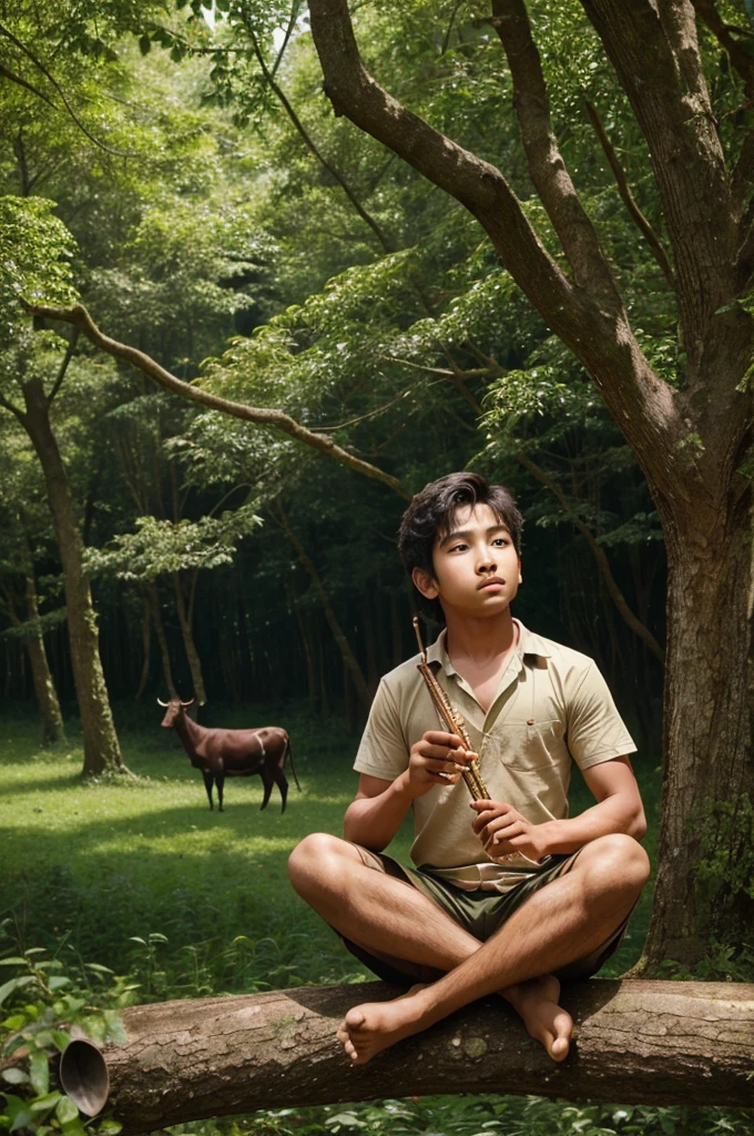 A handsome boy is sitting on a beautiful tree playing the flute in his hands. The cows and all the animals and birds around in the forest are engrossed in the tune of the flute.