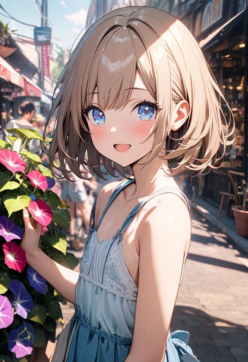 1 girl, 18yo, (flat chest: 1.5), blue eyes, light brown hair, bob cut, summer outfit, smile, open mouth, many potted morning glories, colorful morning glory flowers, upper body, shopping street, bule sky, 8k, RAW photo, best quality, masterpiece, extremely detailed 8k wallpaper, ultra-detailed, best shadow, detailed background, beautiful detailed face, beautiful detailed eyes, nice hands, perfect hands