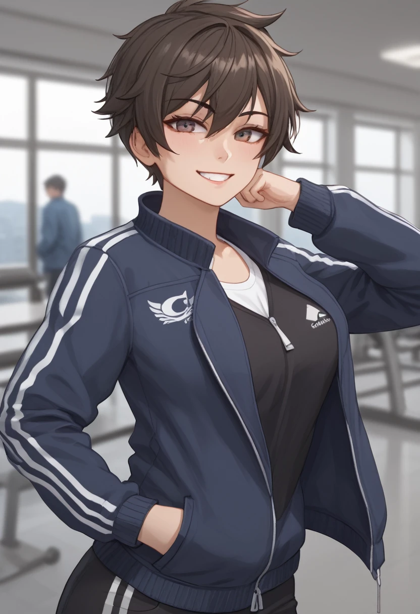 gorgeous tomboy woman looking at viewer with arrogant lustful smile, wearing a spring jacket