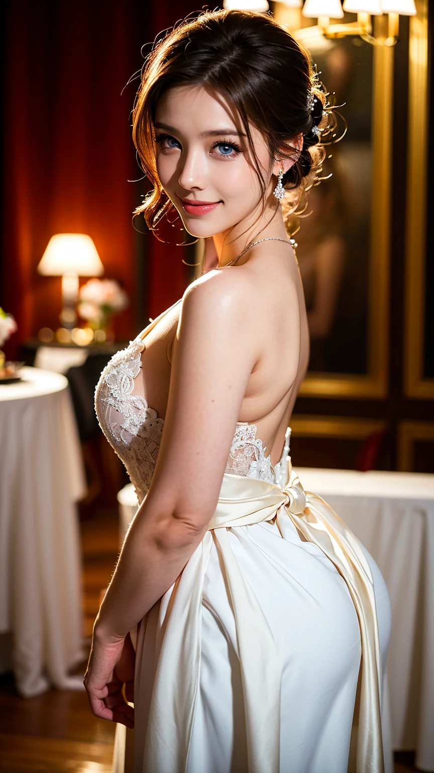 bride、wedding style、wedding style photos、Luxury Dresses、church、Lightly Dressed、Formal Wear、night scene、illumination、blue eyes、bionde、short hair、Hair tied up、Full body photo、Sexy Face、short hair、 Complete look、(((masterpiece)))、((highest quality))、((超Realistic))、Mature woman、Mature woman、perspective、Very detailed、The perfect temptation、Best image quality、Fine-grained image quality、beautiful、European, woman, French, woman Italian, Italian, smile、blue eyes、jewelry, blue eyes, Realistic, High resolution, Glowing Skin, (Detailed face),jewelry, , night, bionde, Wavy Hair,attractive appearance, smile,