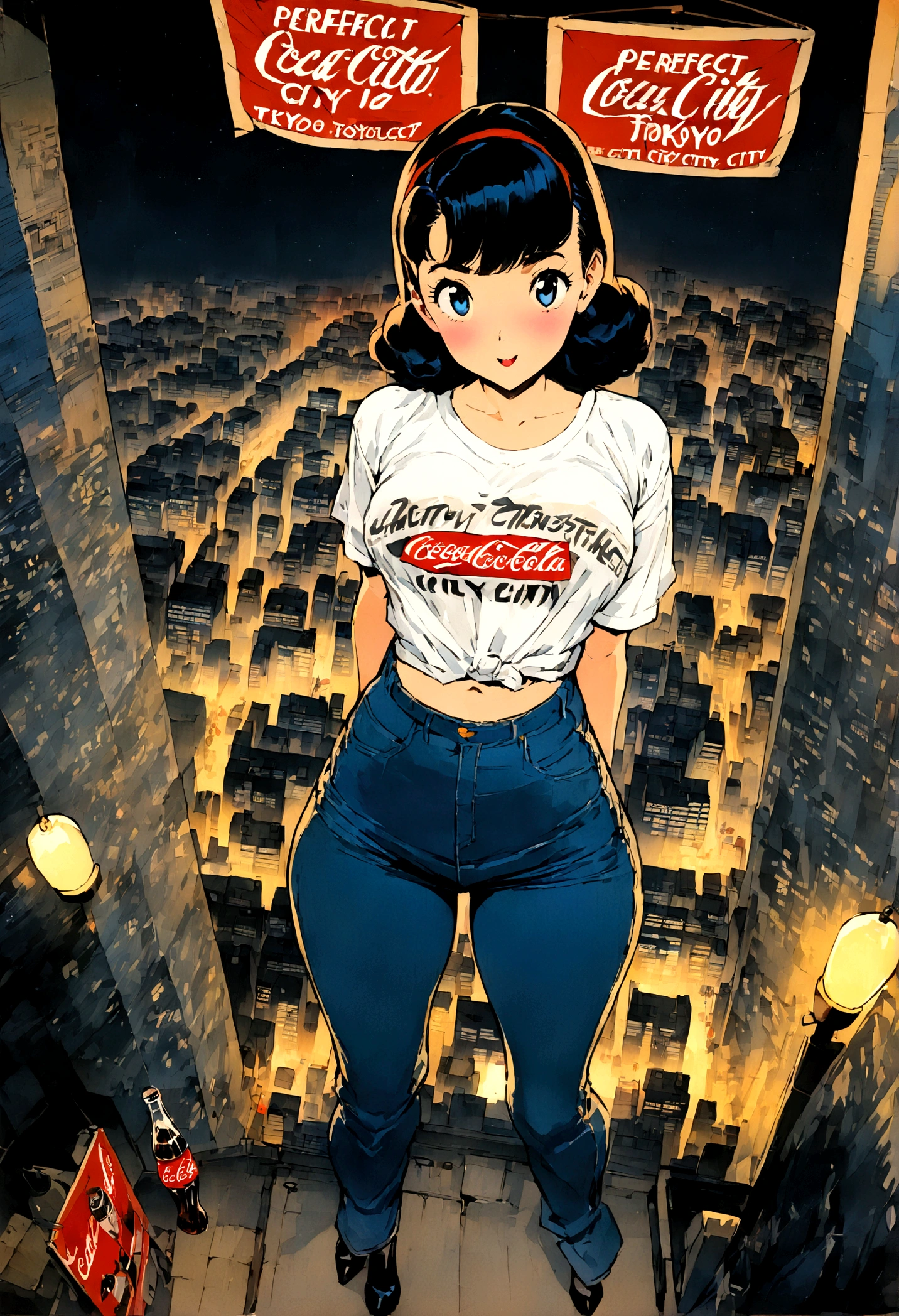 (vintage),(Retro),(Cartel), coca cola advertising with perfect girl, clothing oversized blue jeans and white t-shirt with open waist(sexy), military environment, Masterpiece, comics(tokyo city) (1990) night atmosphere, with city lighting, overview