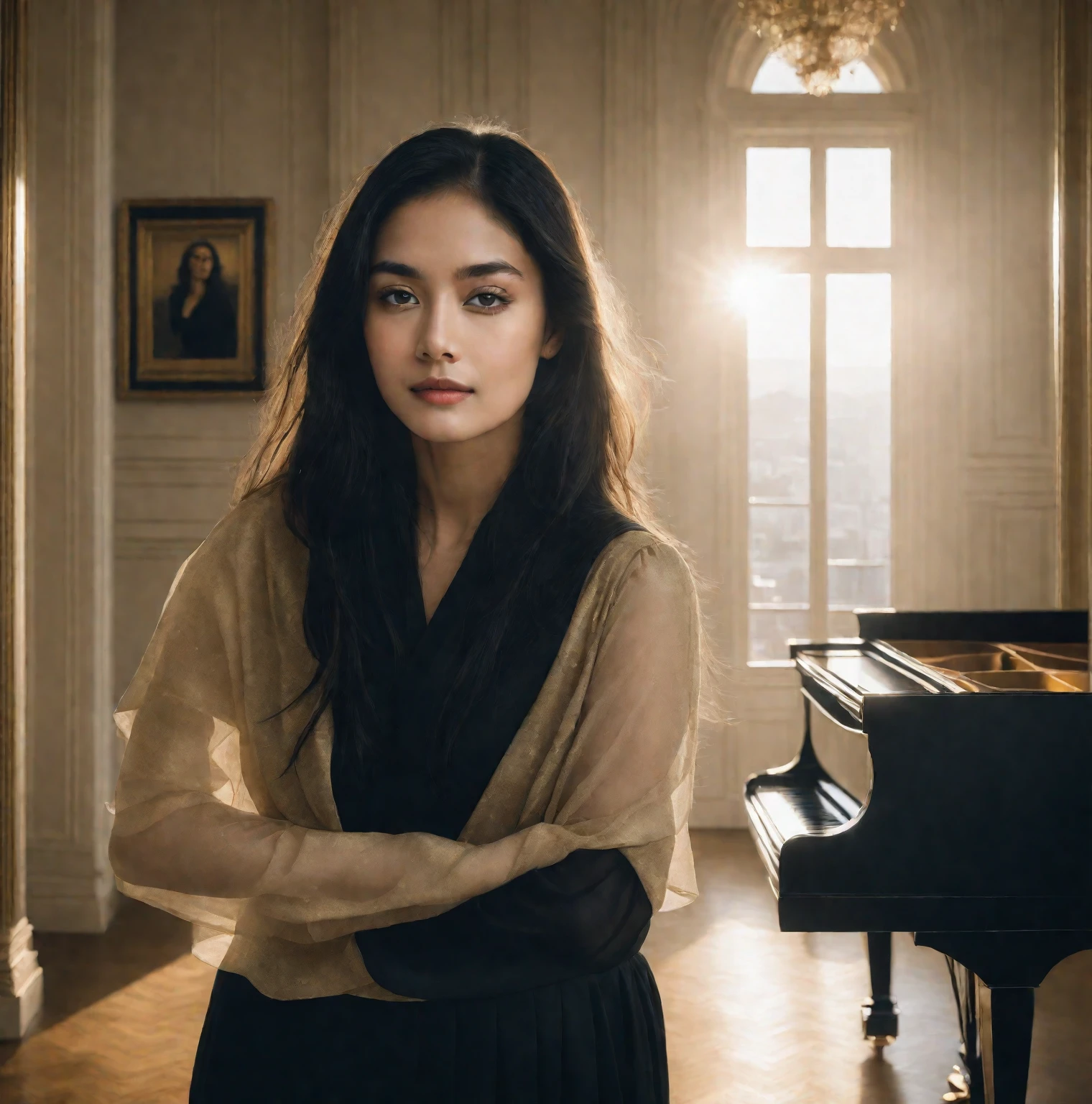 a woman standing in front of a grand piano in a room, black_skirt, cover photo portrait , RAW Photo, Best Quality), (Realistic, Photo Realistic: 1.3), Best Quality, Highly Detailed, Masterpiece, 1 Girl, upper_body, black_long_hair, Best Quality, golden hour light 