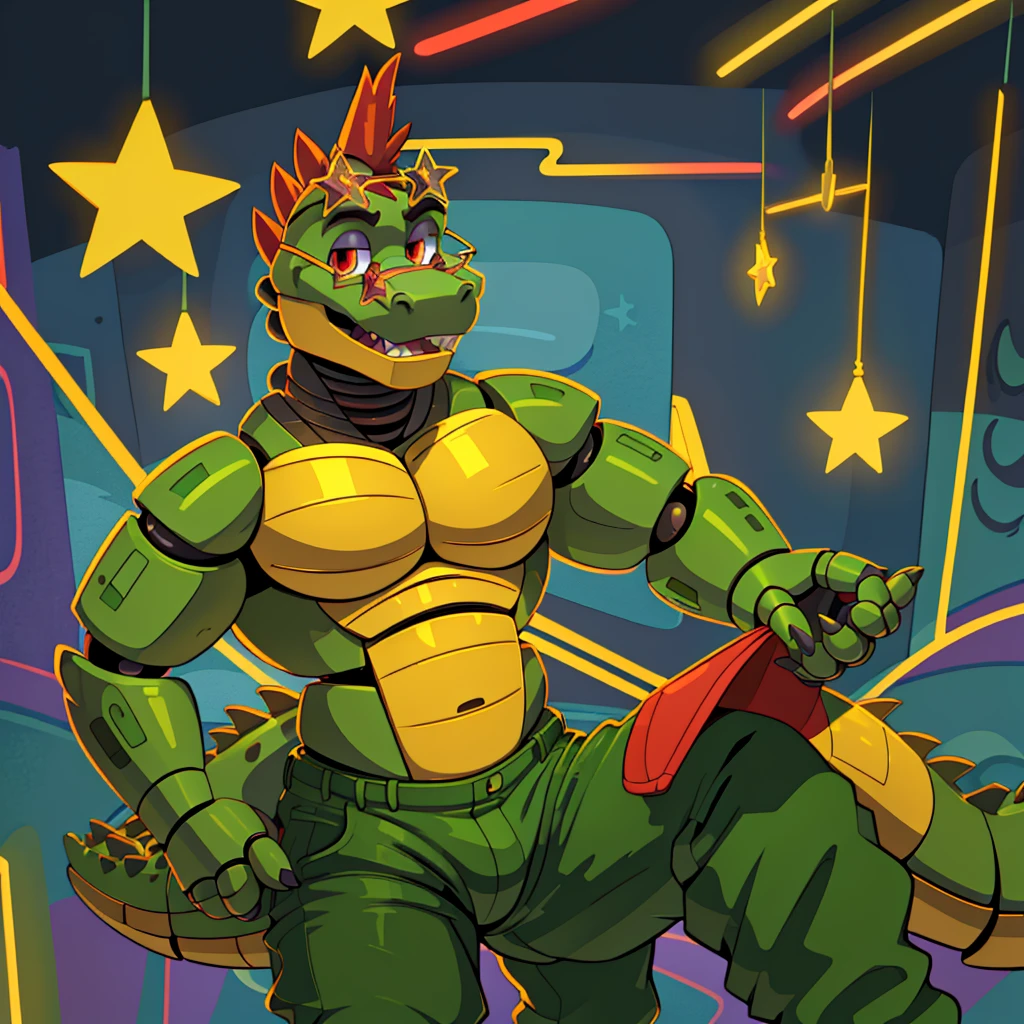 (masterpiece), ((perfect anatomy)), (high Res), (4k), alligator, buff, strong, red eyes, wide shoulders, (robot), (animatronic), happy, (no shirt)), ((green pants)), ((yellow star shaped glasses)), ((((old cartoon artstyle)))), (((solo)))