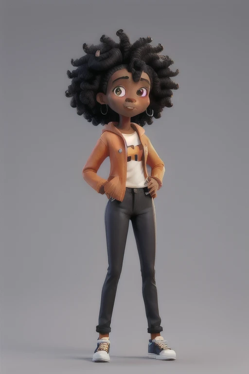 a black woman, afro hair. she's standing, hands extended along the body, wears black pants, fair, and an open orange coat, showing a white t-shirt, dark blue heel shoes, behind her a white background