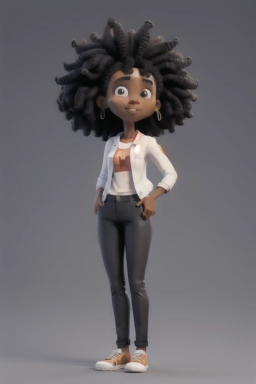 a black woman, afro hair. she's standing, hands extended along the body, wears black pants, fair, and an open orange coat, showing a white t-shirt, dark blue heel shoes, behind her a white background