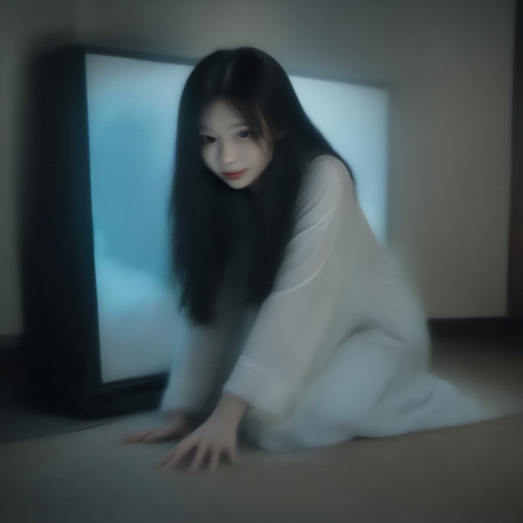 horror film, yamamura sadako, A ghost crawling out of a small static-lit CRT television through a portal, A perfect smile、Mischievous smile、Making a heart shape with both hands、Lighting screen,Face the viewer, (Crawling Pose),Large, fully furnished living room, both hands on the floor, bending over in Crawling Pose with two hands press on the floor , "To Heheh" and "ring,"Super long black hair, Covered in scars, and eyes bearing the scars of burns,Wearing a white robe, ,,Crouch down from the frame of the TV screen, ((An old water well and forests shown in the lighting tv screen frame)). An eerie light emanates from the TV screen, blurring the lines between the digital and the physical,