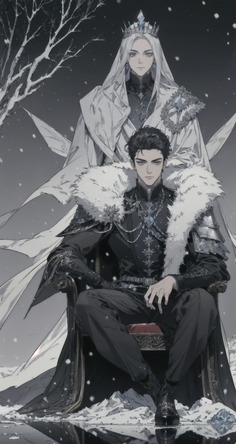 ((Masterpiece)),((best quality)),((Highly detailed)),((realistic,)) Very detailed), (Masterpiece), (best quality), (วอลล์เปเปอร์ 8k ที่มีรายVery detailed),Masterpiece,best quality,มีรายVery detailed,complicated,1 man,handsome faceสมบูรณ์แบบ,muscular man,detailed face,mischievous face,blue eyes,Open your eyes.,reflection of the eyes,Open your eyes., look at viewer,Manly,short hair|Black hair, black prince outfit,(Shining Crystal Throne),dynamic poses,Dramatic angle,movie light,surrounded by snow, Masterpiece,Very detailed,Sitting on a white ice throne, (white throne), white chair , Fantasy, Realistic photos, hyperrealism, Highly detailed, movie light, man wearing black armor,long black fur shawl,black veil,black veil,Face details, sharp details,black slender eyebrows,handsome face, short hairสีดำ, blue eyes,have muscles, handsome faceเหลา, Sit on the throne., white ice power, snow power, The surrounding white snow scene