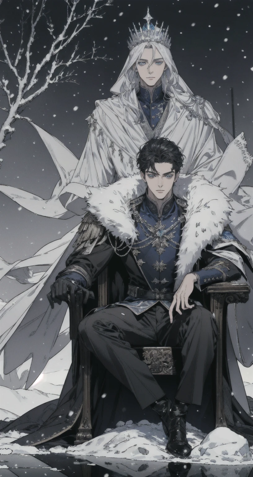 ((Masterpiece)),((best quality)),((Highly detailed)),((realistic,)) Very detailed), (Masterpiece), (best quality), (วอลล์เปเปอร์ 8k ที่มีรายVery detailed),Masterpiece,best quality,มีรายVery detailed,complicated,1 man,handsome faceสมบูรณ์แบบ,muscular man,detailed face,mischievous face,blue eyes,Open your eyes.,reflection of the eyes,Open your eyes., look at viewer,Manly,short hair|Black hair, black prince outfit,(Shining Crystal Throne),dynamic poses,Dramatic angle,movie light,surrounded by snow, Masterpiece,Very detailed,Sitting on a white ice throne, (white throne), white chair , Fantasy, Realistic photos, hyperrealism, Highly detailed, movie light, man wearing black armor,long black fur shawl,black veil,black veil,Face details, sharp details,black slender eyebrows,handsome face, short hairสีดำ, blue eyes,have muscles, handsome faceเหลา, Sit on the throne., white ice power, snow power, The surrounding white snow scene