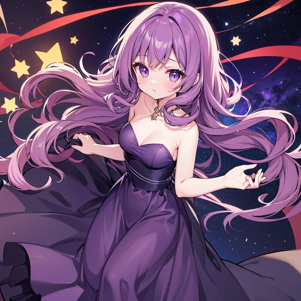 Detailed background, Masterpiece, best quality, 1 person , curly hair, long hair, purple eyes, star in sight , Strapless top, long skirt