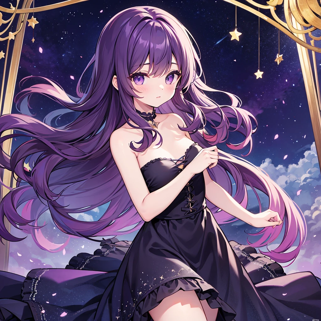 Detailed background, Masterpiece, best quality, 1 person , curly hair, long hair, purple eyes, star in sight , Strapless top, long skirt