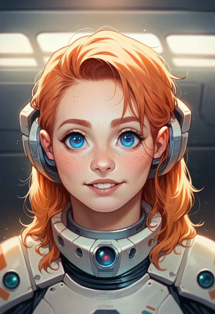 photo of a ginger woman, in space, futuristic space suit, (freckles:0.8) cute face, sci-fi, dystopian, detailed eyes, blue eyes