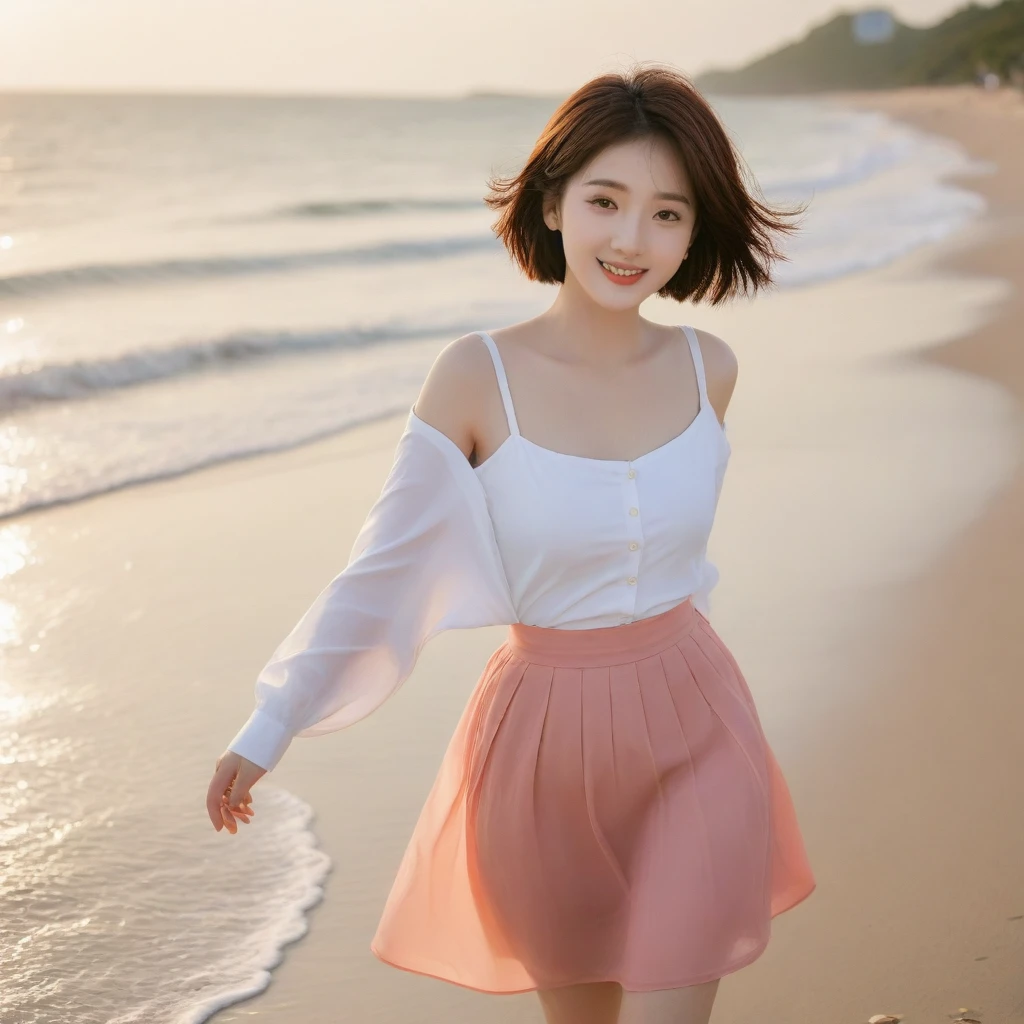 beautiful korean girl, Chest size 34 inches, Wear sleeveless, light skirt, sunset red sun light beach . beautiful pretty woman look , wearing a light skirt , Go far into the sea water and dip your toes., Short medium hair blowing in the wind, 1 woman, beautiful eyes, a little smile, Wide-angle lens
