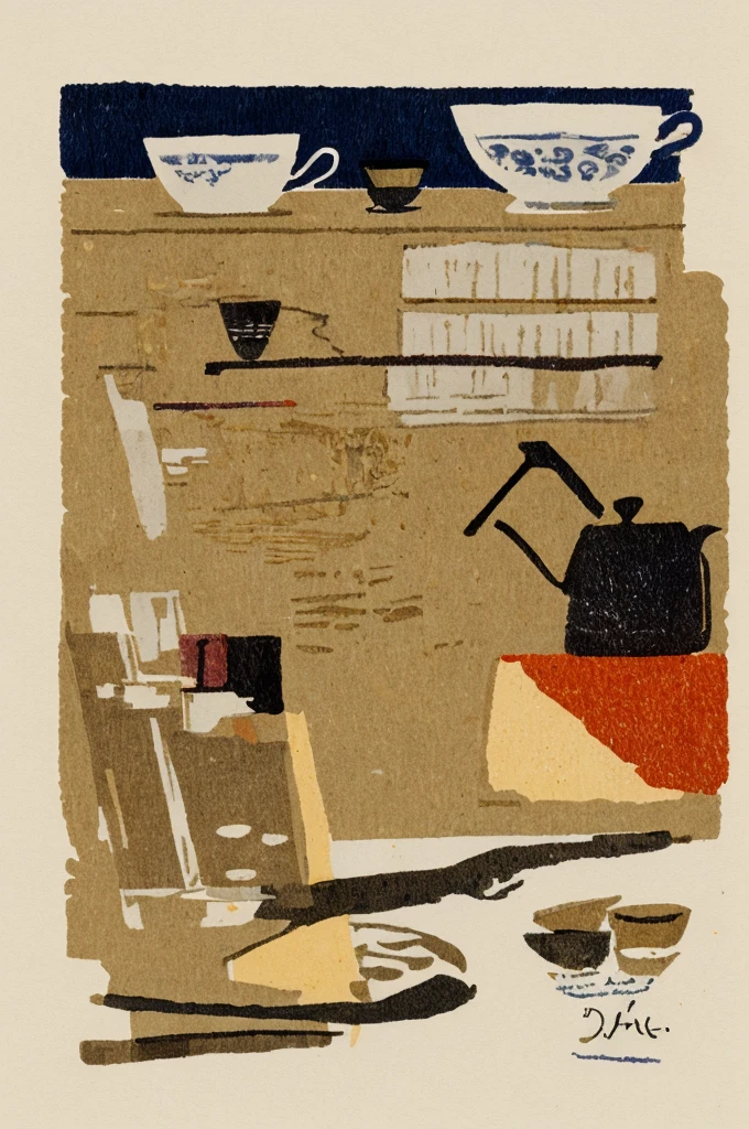 Illustration: simple lines, woodblock print style. About making Chinese tea Preparing equipment Meticulously draw a teapot, teacup, tea leaves, kettle, and measuring spoon. The artist's signature does not appear.