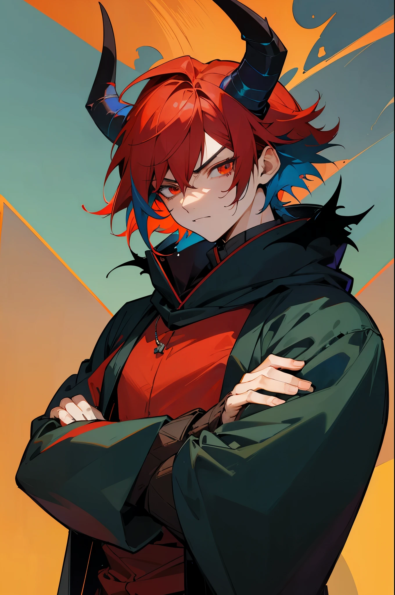 Masterpiece, detailed, Best Quality , alone 1 chico, masculine , red hair and blue hair , multicolor fur , 18 years, YOUNG, high , long black hood , long sleeves , demonic horns , dragon , crossed arms , short medium hair , serious expression
