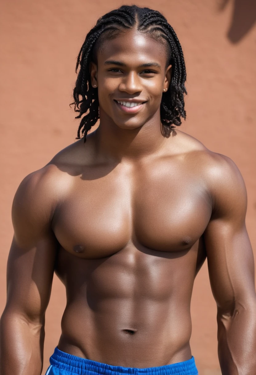 16 year old ager, defined musculature, extremely dark black skin, brown brown eyes, rectangular face, shoulder-length curly medium black hair with stylish nagô braids, thick lips, double chin, defined jaw, six pack abs, wearing no shirt, convinced smile, stylish, appealing, sensuous, chest hair, young boy, Adam's apple prominent on the neck, sporty men's style, stylish men's jewelry, wearing tight short shorts.