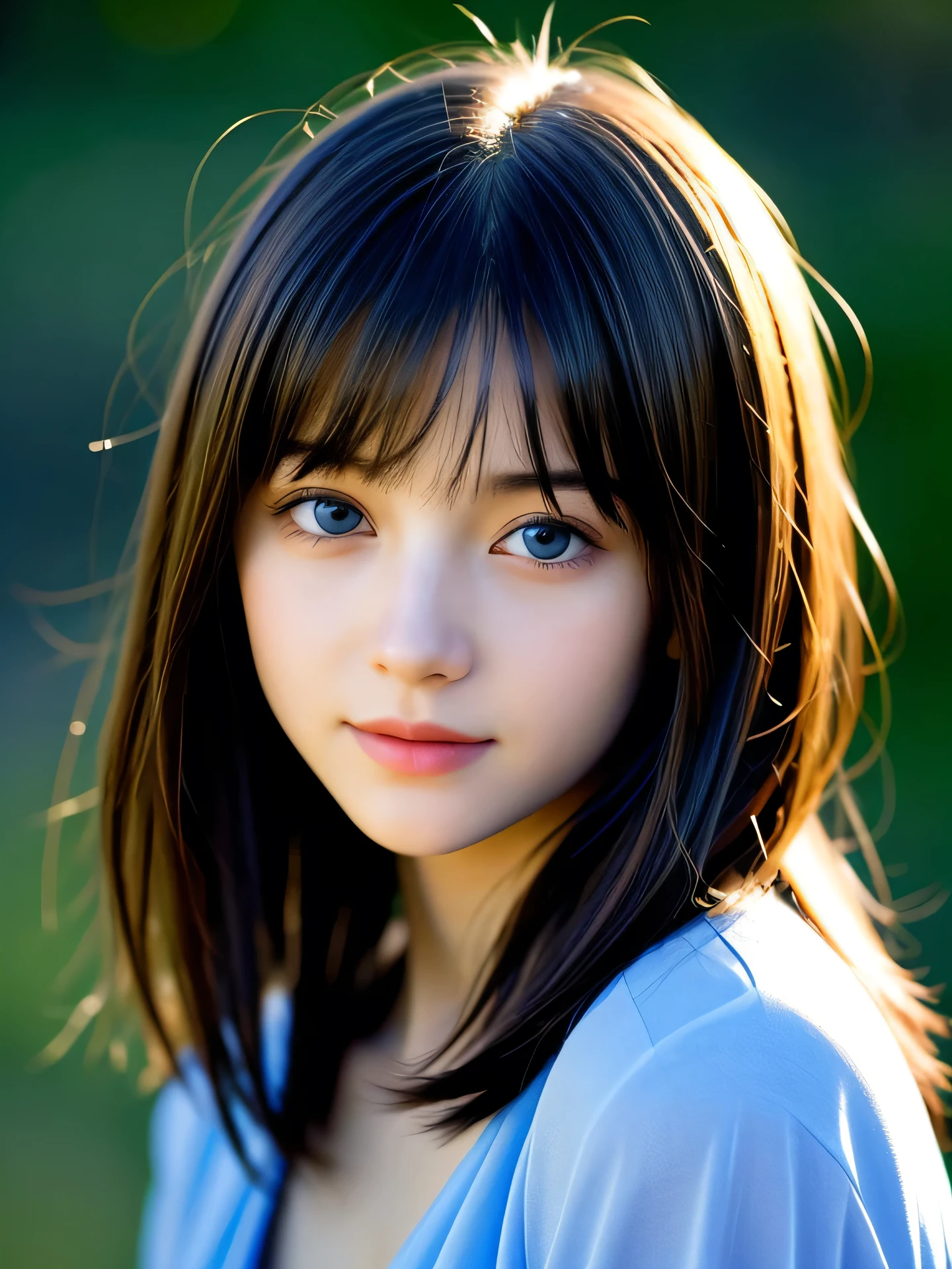 (Photo Real:1.4), (hyper realisitic:1.4), (Smooth lighting:1.05), 1 girl, teenager, blue eyes, happy, shy, smile, looking away, Close-up of the face, Soft lighting, Back lighting, (Finest Real Textured Skins), Super fine face, glowy skin, retinas, Anatomically correct, (Wavy medium Hair:1.1), bangs, Textured skin, High quality, high details, Best Quality, High resolution, Silk blouse