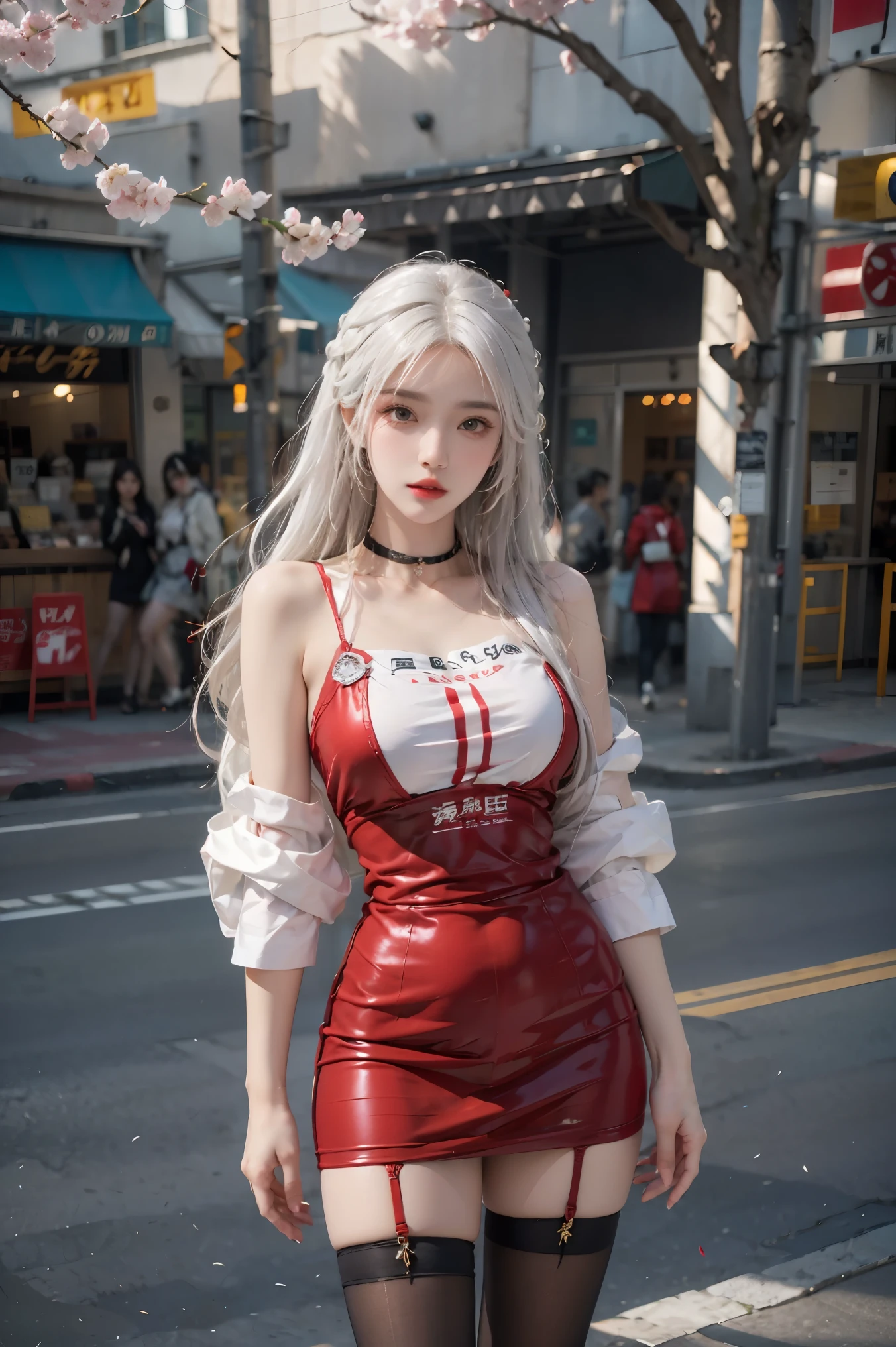 female,masterpiece, realistic, best quality, ultra detailed, cowboy_shot, long hair, white hair, red lips, jewelery,street wear, colorful clothing,cherry blossom,thighhighs
