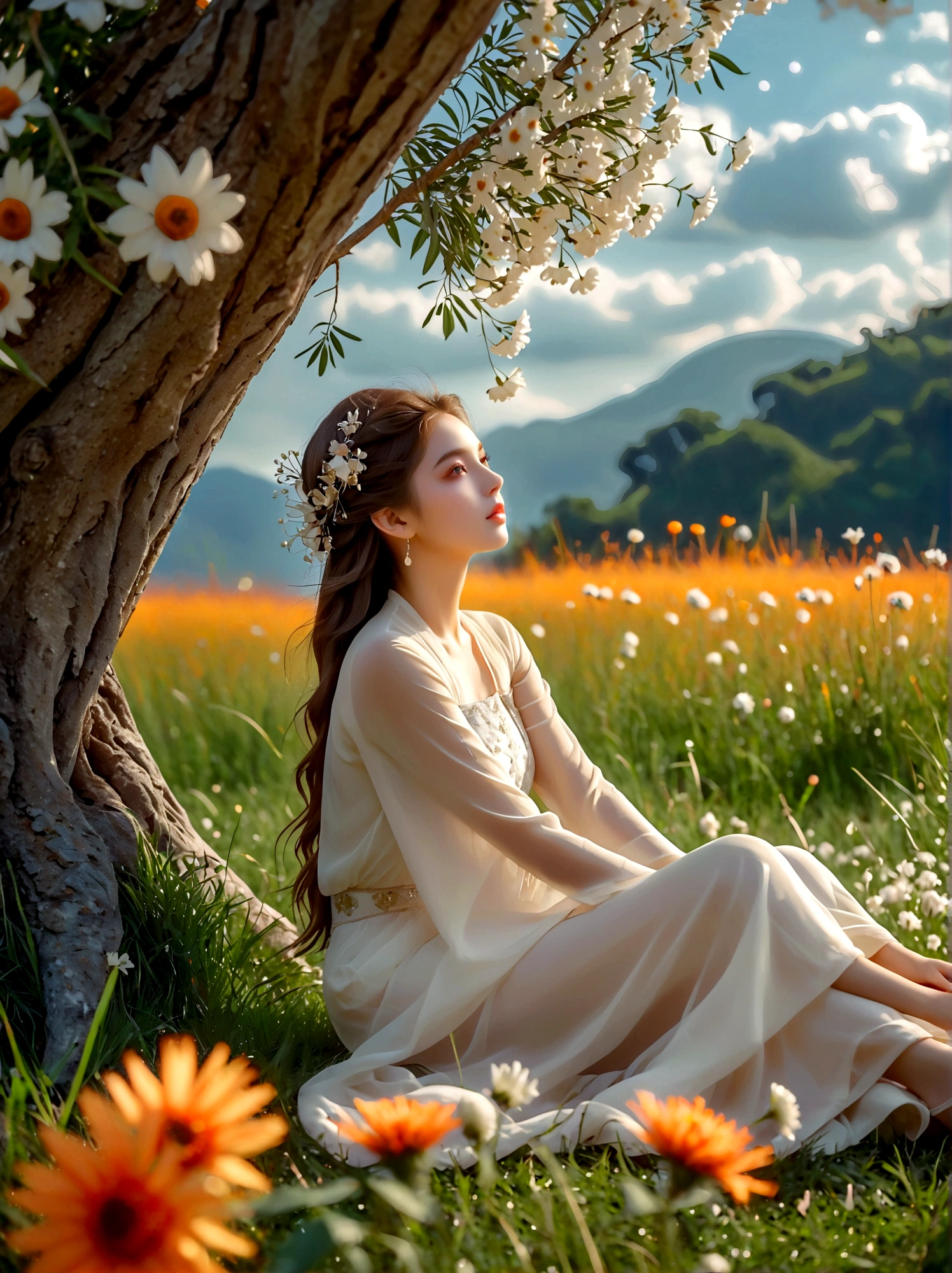 Summer, Lesser Heat, Hot Sun, 1girl, ((beautiful eyes)), ((Perfect and refined limbs)), Sitting, on the grass, tent, flower, outdoor, Tree, landscape, daytime, Sky, cloud, Grass, Orange Blossom, White Flowers, nature, Vague, safflower, (masterpiece, Best quality:1.2), lifelike, Reality, Dreamy light, Intricate details, Ultra Detailed, detail, High contrast, Beautiful and delicate light, Bright, more details, Fine light, very fine 8K CG wallpaper, Abuse of color difference, Very delicate light, Glare, Light, Light Particles, reflection, Depth of Field, Soft colors, Surrealism, Romanticism, Classicism, anatomically correct, textured skin, award winning, 8k