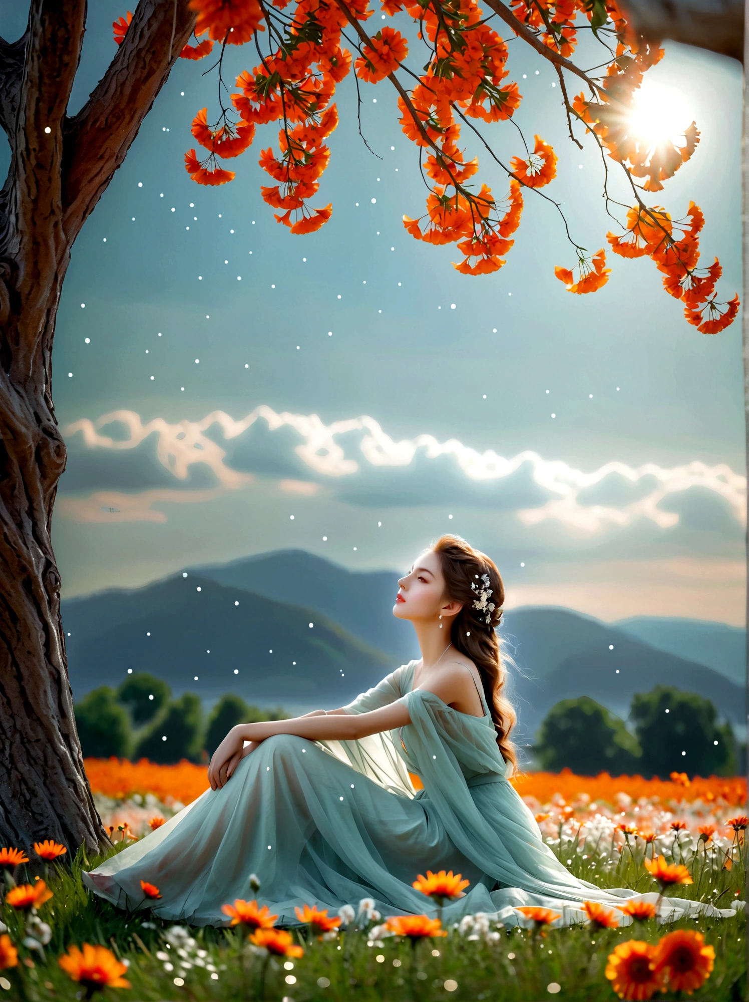 Summer, Lesser Heat, Hot Sun, 1girl, ((beautiful eyes)), ((Perfect and refined limbs)), Sitting, on the grass, tent, flower, outdoor, Tree, landscape, daytime, Sky, cloud, Grass, Orange Blossom, White Flowers, nature, Vague, safflower, (masterpiece, Best quality:1.2), lifelike, Reality, Dreamy light, Intricate details, Ultra Detailed, detail, High contrast, Beautiful and delicate light, Bright, more details, Fine light, very fine 8K CG wallpaper, Abuse of color difference, Very delicate light, Glare, Light, Light Particles, reflection, Depth of Field, Soft colors, Surrealism, Romanticism, Classicism, anatomically correct, textured skin, award winning, 8k
