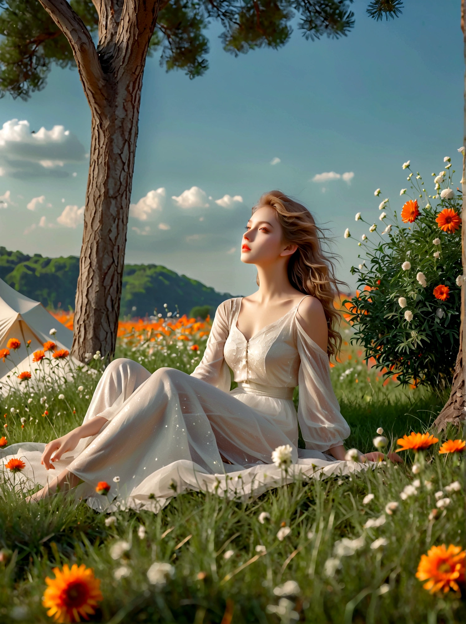 Summer, Lesser Heat, Hot Sun, 1girl, ((beautiful eyes)), ((Perfect and refined limbs)), Sitting, on the grass, tent, flower, outdoor, Tree, landscape, daytime, Sky, cloud, Grass, Orange Blossom, White Flowers, nature, Vague, safflower, (masterpiece, Best quality:1.2), lifelike, Reality, Dreamy light, Intricate details, Ultra Detailed, detail, High contrast, Beautiful and delicate light, Bright, more details, Fine light, very fine 8K CG wallpaper, Abuse of color difference, Very delicate light, Glare, Light, Light Particles, reflection, Depth of Field, Soft colors, Surrealism, Romanticism, Classicism, anatomically correct, textured skin, award winning, 8k