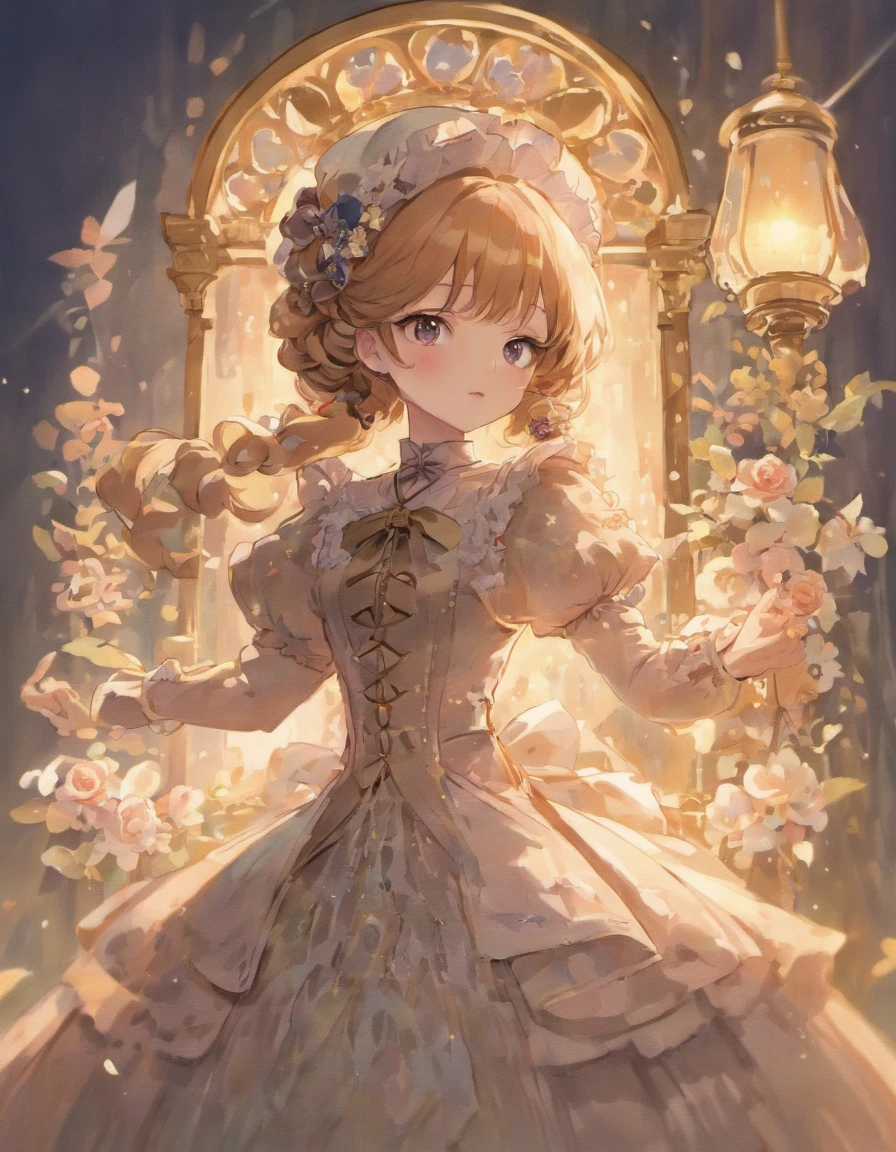 (Masterpiece), (best quality), illustration of Victorian Girl、kawaii girl、aniime、 1. **lo fashion**: Victorian fashion is characterized by dressy and elegant design。Ruffles and laces、corsets、Try incorporating elements such as long dresses。 2. **hairstyle on**: Women's hairstyles in the Victorian era are often complex and delicate。Upstyling and curling、It is also a good idea to add ribbons and floral ornaments to the hair.。 3. **Features**: girl features with soft features、Beautiful、kawaii、intelligent Beatty, Beautiful 5. **accessorized**: Accessories played an important role in the Victorian era。Hats、gloves、umbrellas, etc.、By drawing accessories with attention to detail、You can give your character personality。 Nice dress、florals、Luxurious costumes、PastelColors, (shining brightly), ((dazzling)), (floating a lot of flower petals, ((2D)), ((paper art))