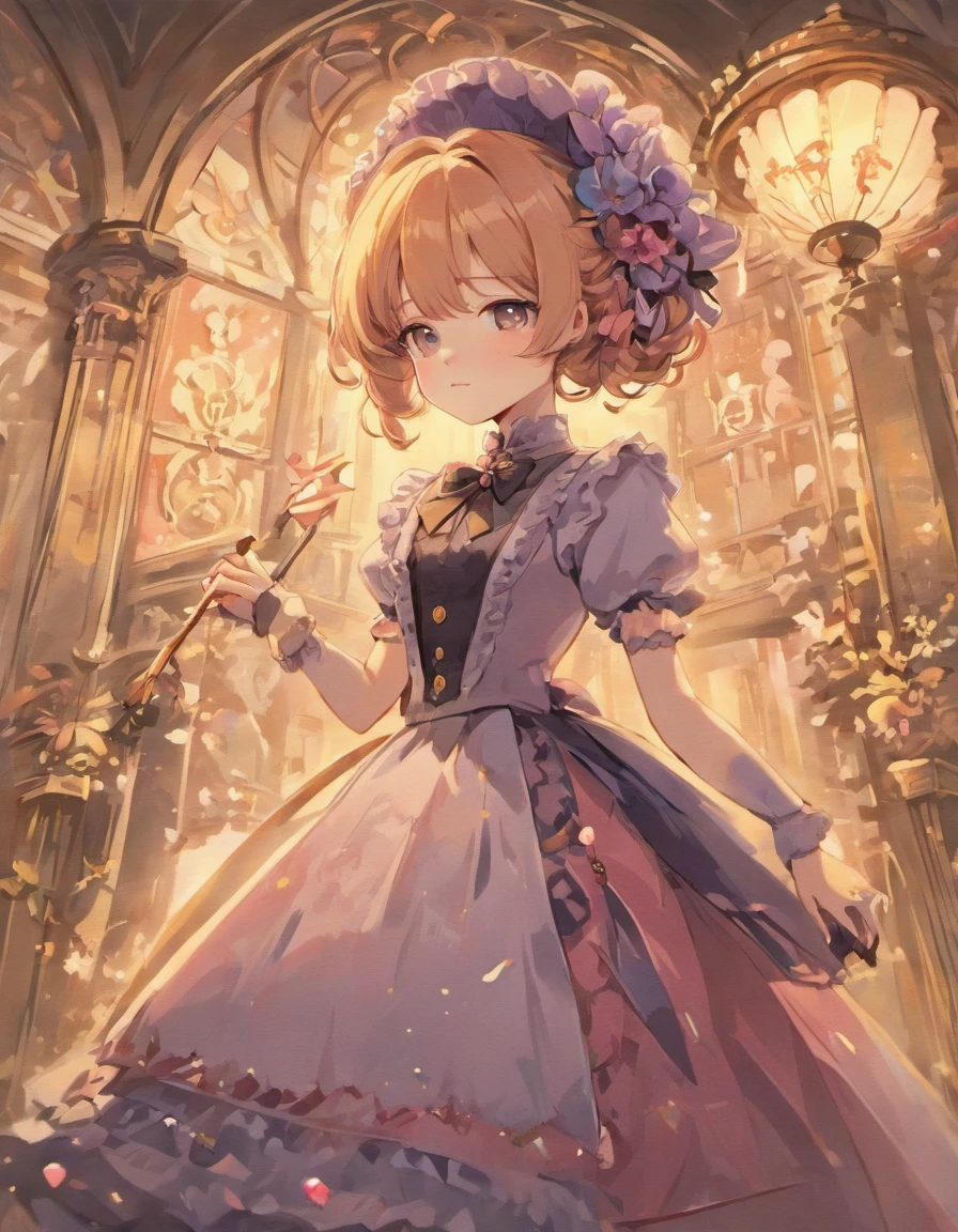 (Masterpiece), (best quality), illustration of Victorian Girl、kawaii girl、aniime、 1. **lo fashion**: Victorian fashion is characterized by dressy and elegant design。Ruffles and laces、corsets、Try incorporating elements such as long dresses。 2. **hairstyle on**: Women's hairstyles in the Victorian era are often complex and delicate。Upstyling and curling、It is also a good idea to add ribbons and floral ornaments to the hair.。 3. **Features**: girl features with soft features、Beautiful、kawaii、intelligent Beatty, Beautiful 5. **accessorized**: Accessories played an important role in the Victorian era。Hats、gloves、umbrellas, etc.、By drawing accessories with attention to detail、You can give your character personality。 Nice dress、florals、Luxurious costumes、PastelColors, (shining brightly), ((dazzling)), (floating a lot of flower petals, ((2D)), ((paper art))