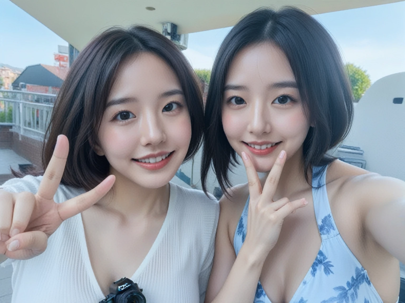Two women making peace signs and taking a photo,  8K Selfie, Shot with Go Pro Hero8, Filmed with GoPro9、perfect hands