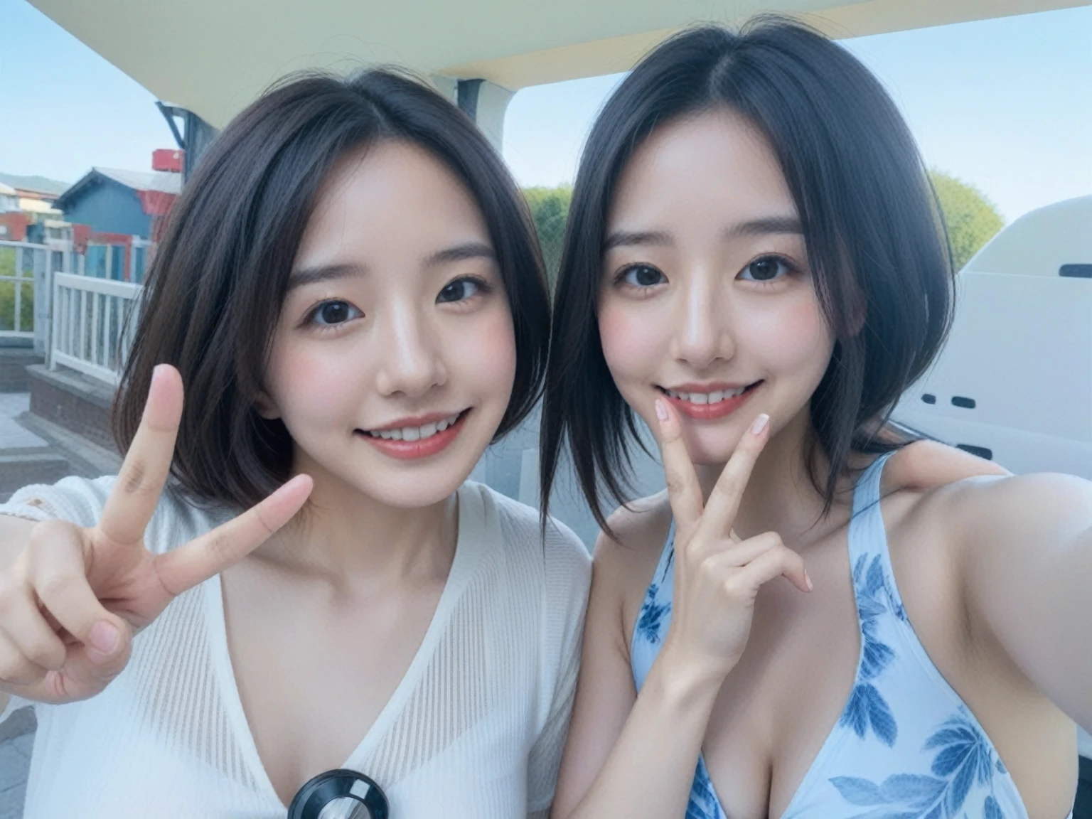 Two women making peace signs and taking a photo, 8K Selfie, Shot with Go Pro Hero8, Filmed with GoPro9、perfect hands