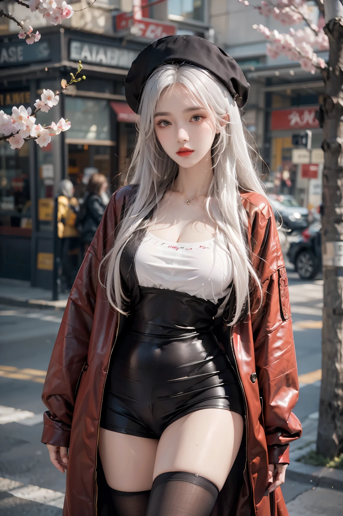 female,masterpiece, realistic, best quality, ultra detailed, cowboy_shot, long hair, white hair, red lips, jewelery,street wear, colorful clothing,cherry blossom,thighhighs