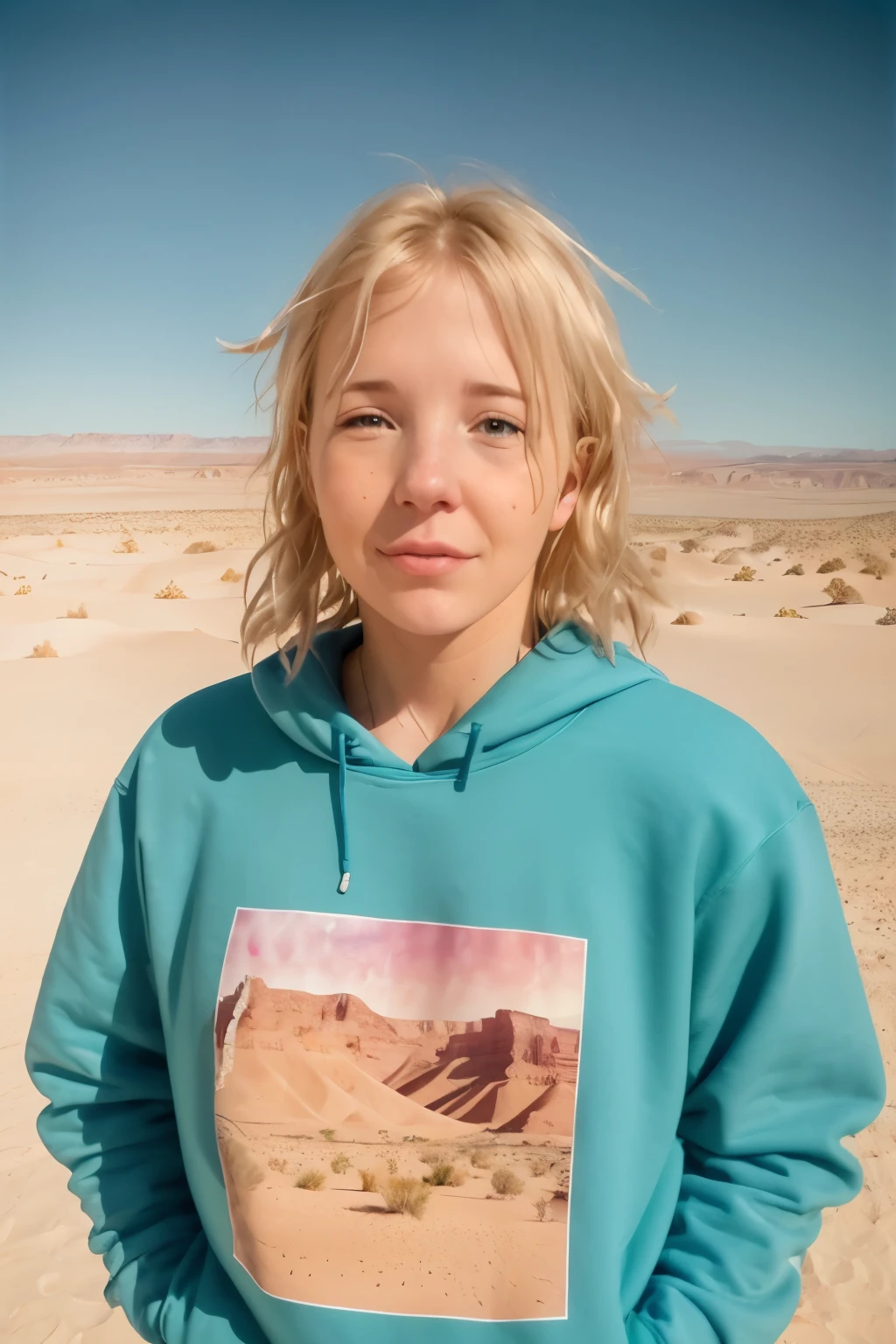 Beautiful American college student, wearing sweatshirt, (standing at the New Mexico deserts), gazing at viewer, Festival Holi Color, portraite, Hyper detailed POV, por Lee Jeffries, Nikon D850, film stock photography ,4 Kodak Portra 400 ,f1 camera.6 lenses ,rich colors ,hyperrealisti ,realistic texture, dramatic lighting , Cinemastill 800,