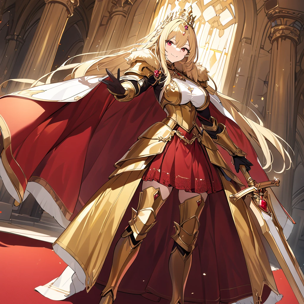 A woman wearing heavy golden armor with red ruby on parts of the armor, very detailed armor, large armor, wearing a red fur cape, long cape, holding a golden sword, very detailed sword, golden shoulder pad with rubies, golden aura, power golden, power of light, golden boots, big breasts, standing in a royal king and queen, luxury room, red carpet, medieval aesthetics, medieval tiles on the walls, blonde hair, long hair, red eyes, smiling, close view