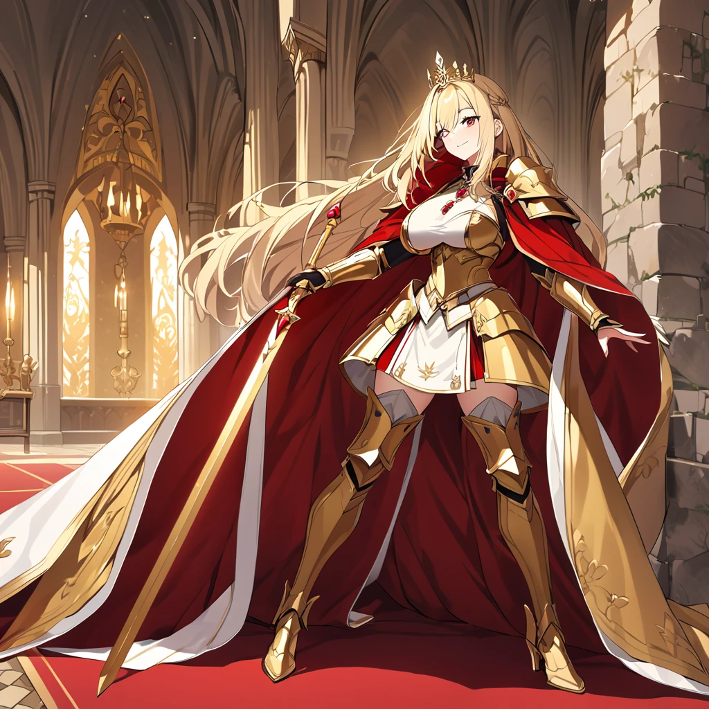A woman wearing heavy golden armor with red ruby on parts of the armor, very detailed armor, large armor, wearing a red fur cape, long cape, holding a golden sword, very detailed sword, golden shoulder pad with rubies, golden aura, power golden, power of light, golden boots, big breasts, standing in a royal king and queen, luxury room, red carpet, medieval aesthetics, medieval tiles on the walls, blonde hair, long hair, red eyes, smiling, close view