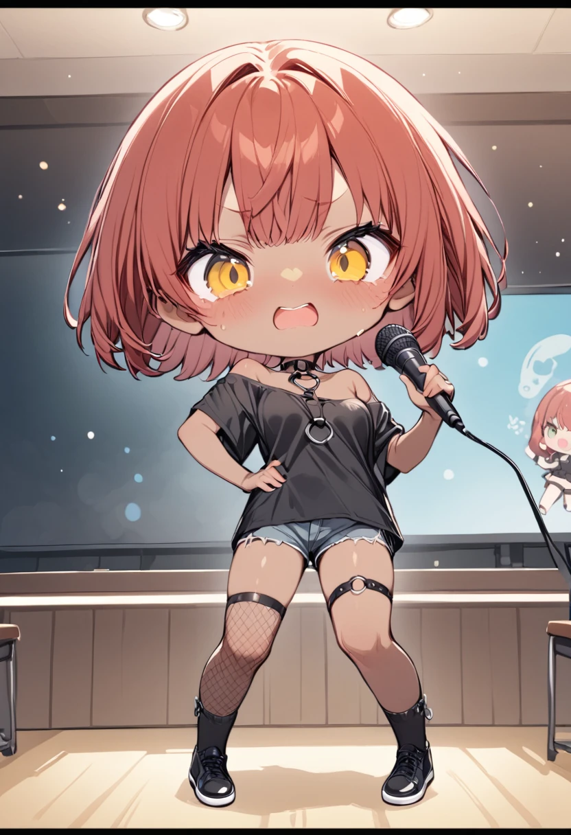 full body,1 girl, (cute:1.3),short red Hair, left eye blue, right eye yellow, tan skin, freckles, oversized black shirt, Black fishnet stockings, shorts, Shoes, O-Ring choker, off shoulder, medium breasts, thigh strap, fishnet stockings,Glossy, shiny material, chibi emote, chibi character, chibi, holding microphone, singing into microphone, singing, karaoke, embarrassed expression 