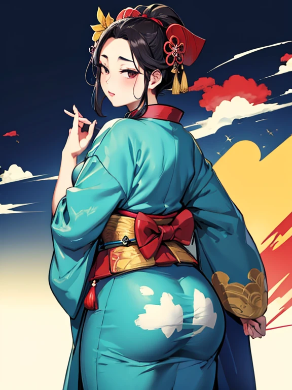 (Highest quality、masterpiece、High resolution、8K)、Colorful、Ukiyo-e、Utamaro、Looking back beauty、Taiko Bridge、river、Mount Fuji in the distance、Official Art、