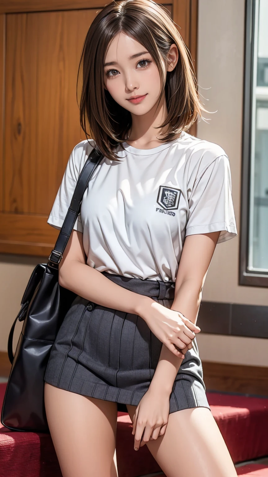 ((masterpiece)),(((Highest quality))),Thin thighs,Long legs,An 18-year-old high school girl standing on the school steps,White shirt,Blue and white plaid mini skirt:1.5,The best smile,Short bob with side waves:1.5,Carrying a black backpack,wear black loafers,Facing the front and spreading legs:1.5,