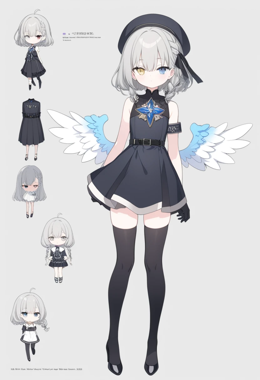 short gray hair, slim build,Braided Cords Braids,short shoulder length hair,small face, short height of 165cm,adorable,The legs are very thin.,The best quality at the best,Exquisite and epic character art., Amazing modern character trending theme.,character design(character reference sheet:1.10),she wears black knee-high stockings,She wears black stiletto heels, She wears a long bell-shaped one-piece dress., He wears black gloves up to his forearm., Women, He has one gray eye and one light blue eye., He wears a French beret with an angel wings emblem, her hair is braided on the left side, It has a star-shaped brooch on the left side, has sectoral heterochromia, He wears a black belt at hip height..